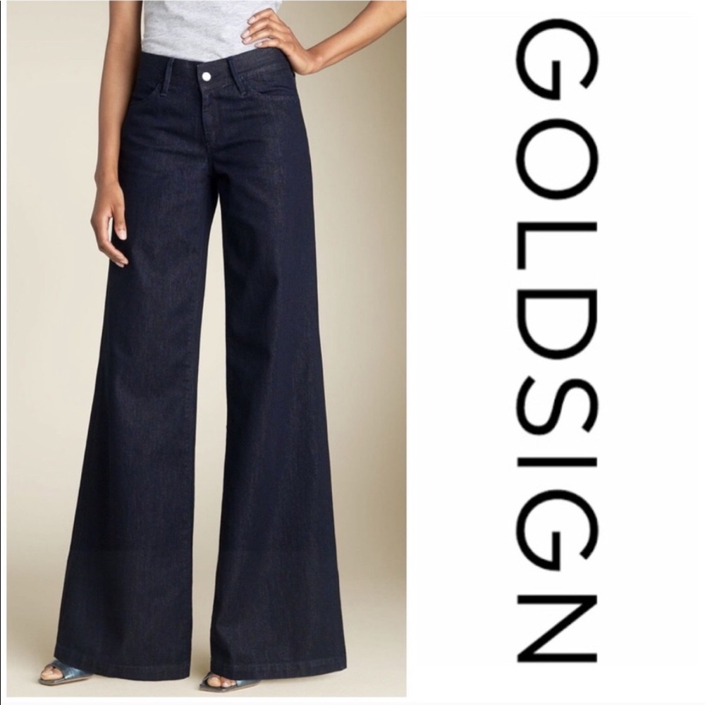 GOLDSIGN Short Orchid Denim Jeans Flare Wide Leg Dark Wash Mid Rise Bell Bottoms
